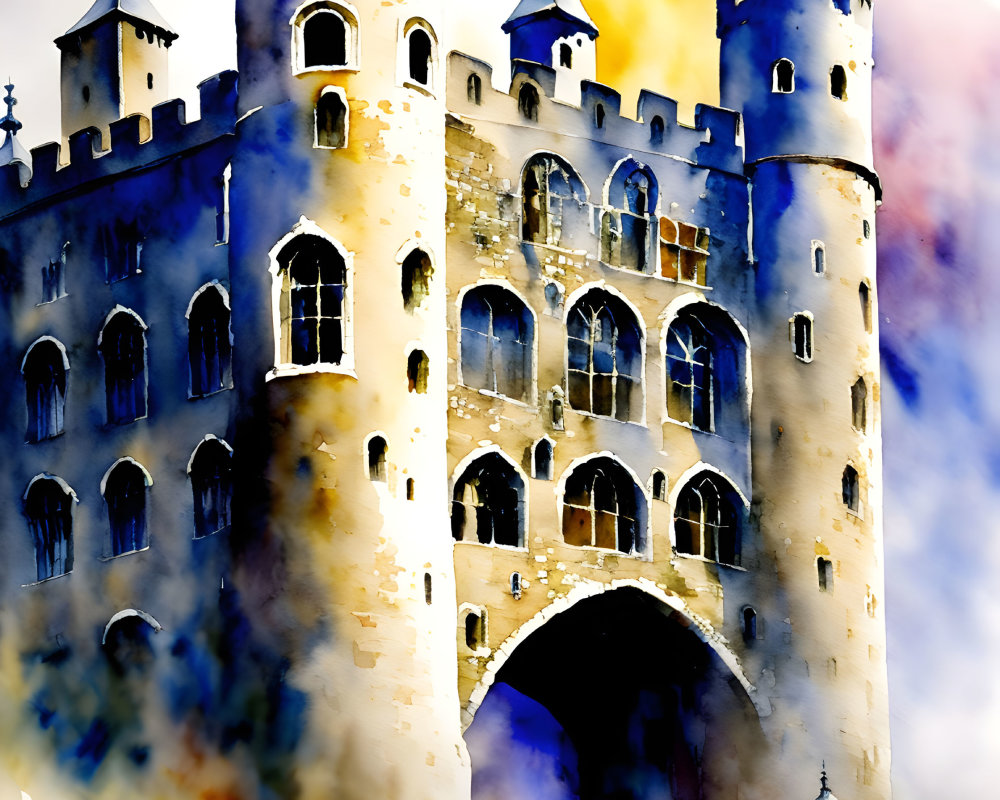 Medieval castle watercolor painting with blue turrets and arched entrance