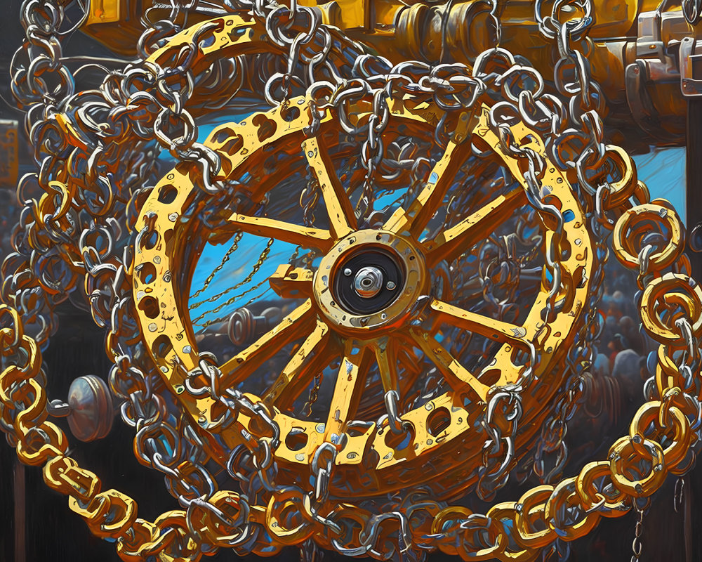 Golden 3D-Rendered Sprocket Wheel with Metallic Chains on Dark Background