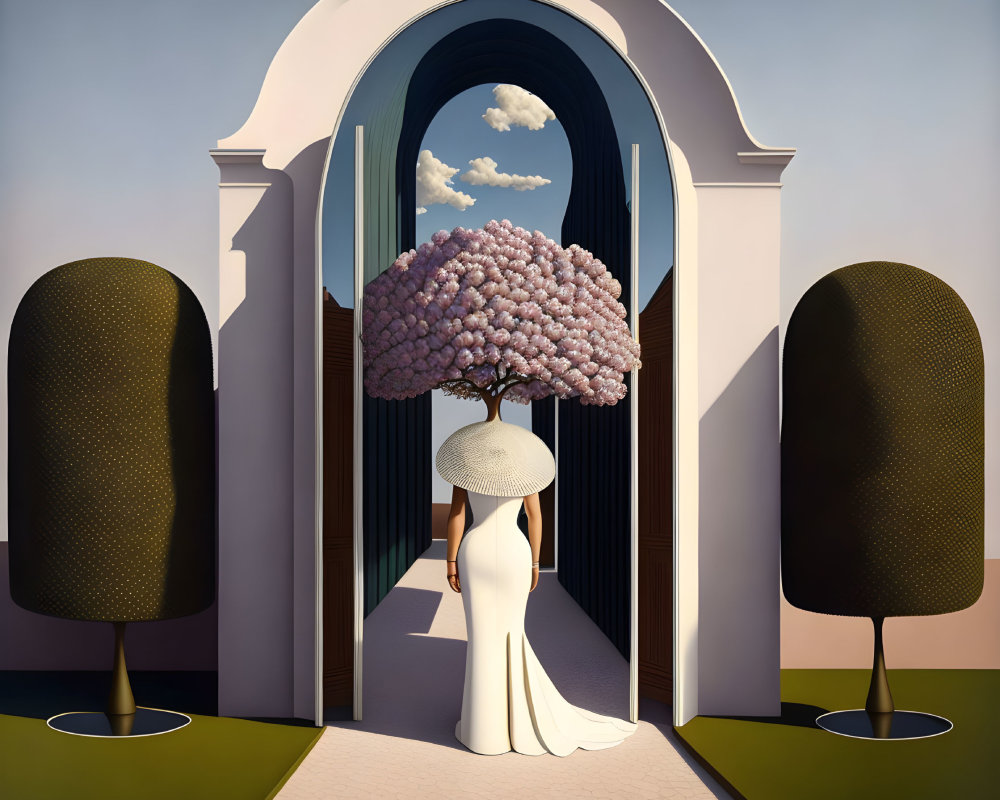 Woman in White Dress with Purple Flower Bouquet Standing by Arched Doorway