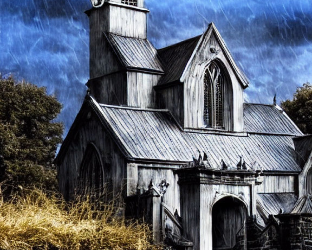 Gothic church with twin spires under stormy sky and strong contrasts