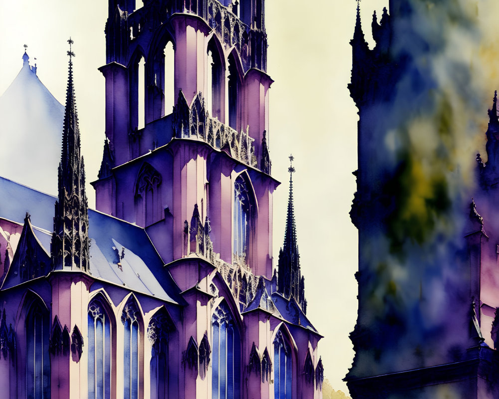 Detailed Gothic cathedral illustration in purple and blue hues