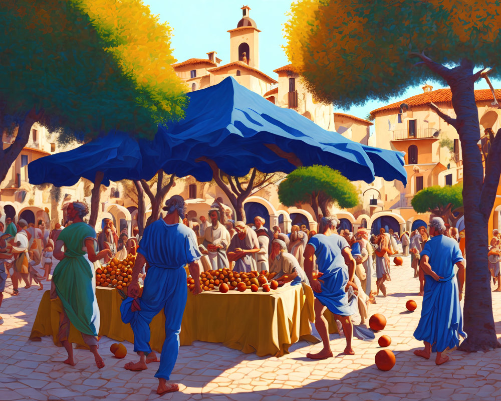 Historical marketplace scene with traditional attire and fruit stalls under a blue canopy