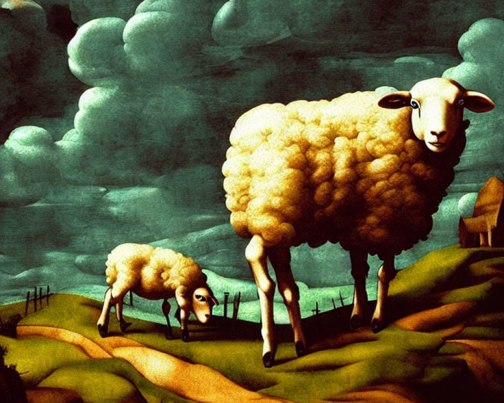 Stylized painting of two sheep on rolling hills with fluffy wool, tiny house, and dark clouds