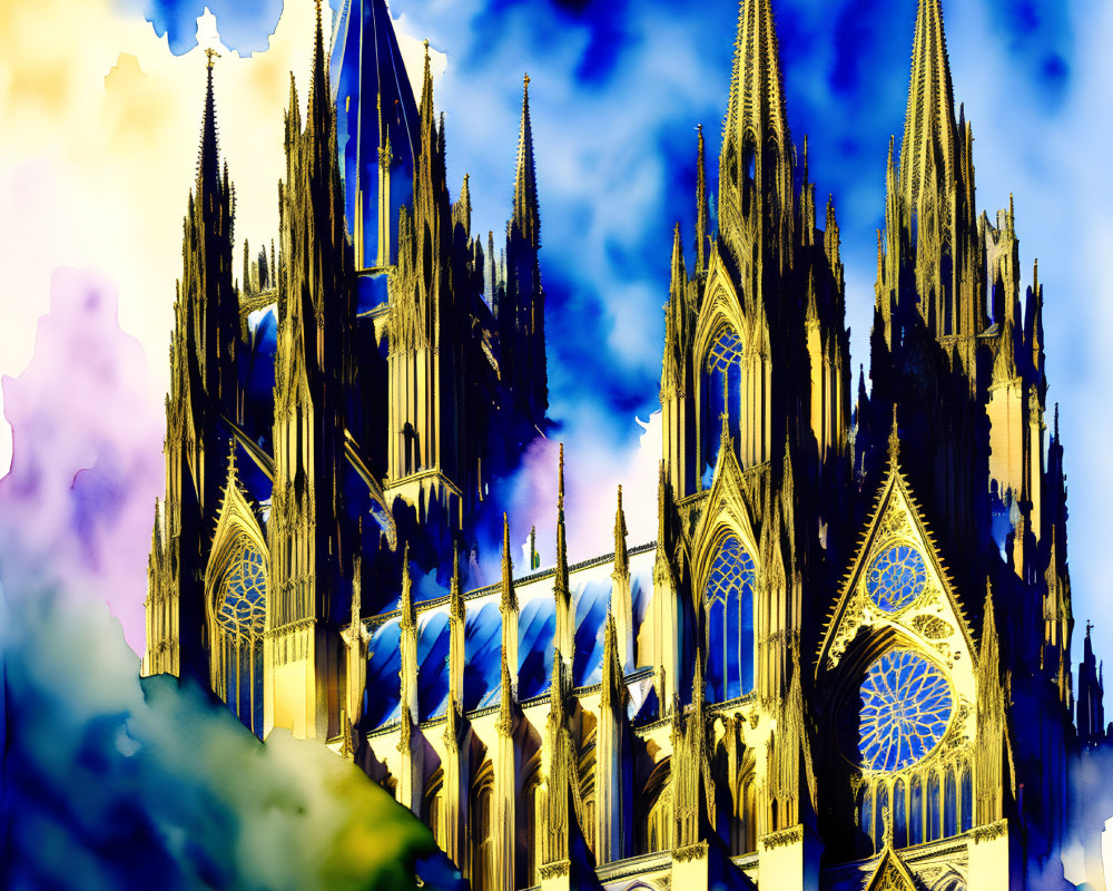 Digital Art: Vibrant Gothic Cathedral with Dramatic Sky