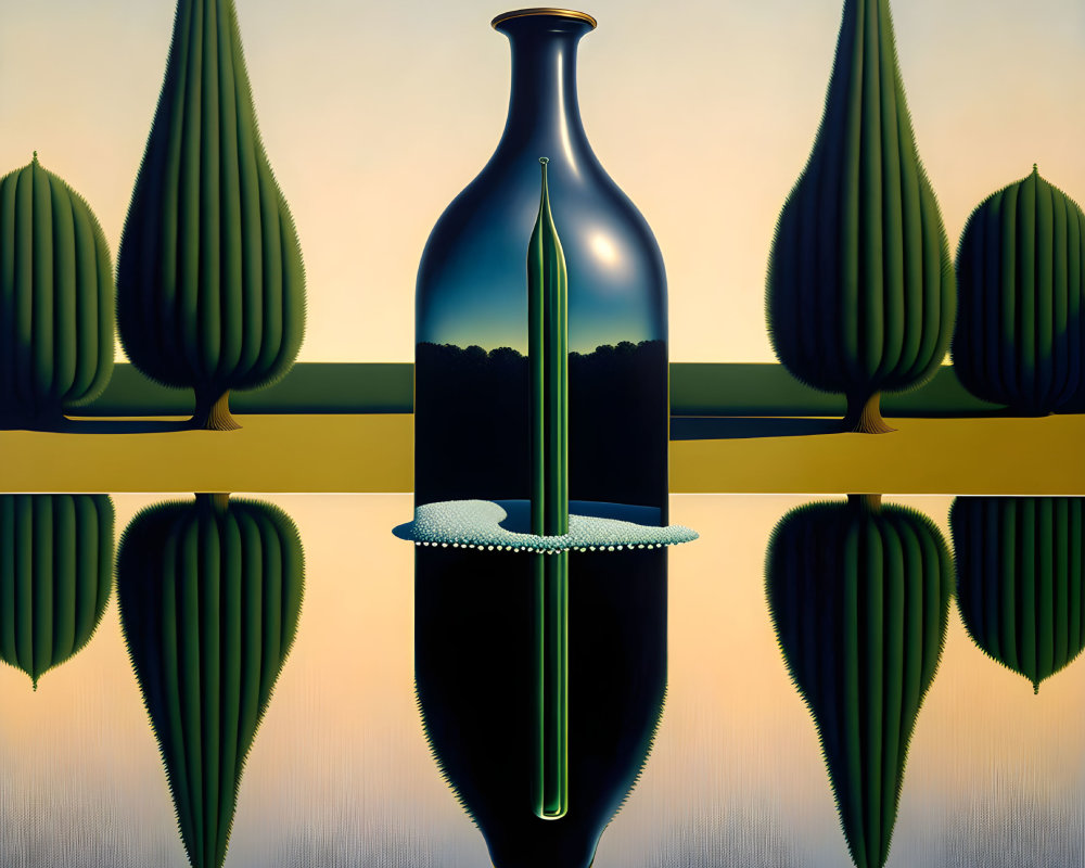 Symmetrical surreal painting of reflective vase and trees in twilight colors