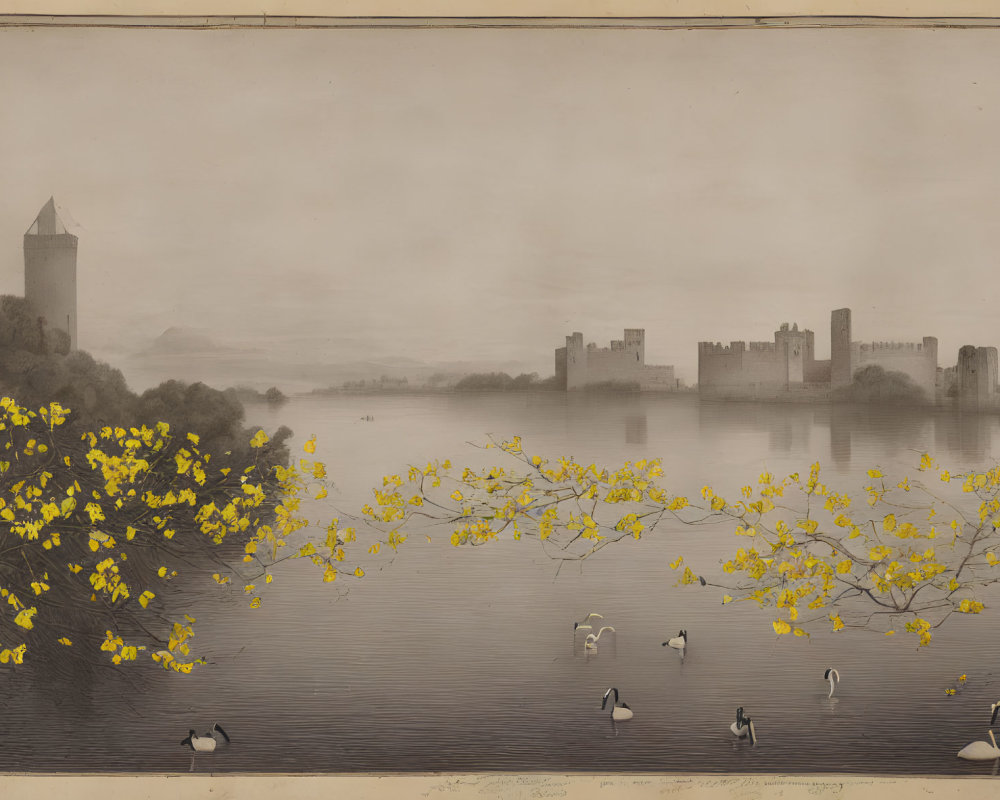 Vintage Artwork: Serene Lake, Swans, Yellow Flowers, Medieval Castles