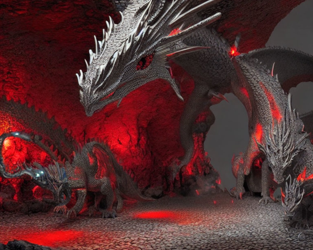 Fiery Cave Dragon with Glowing Red Eyes and Scales