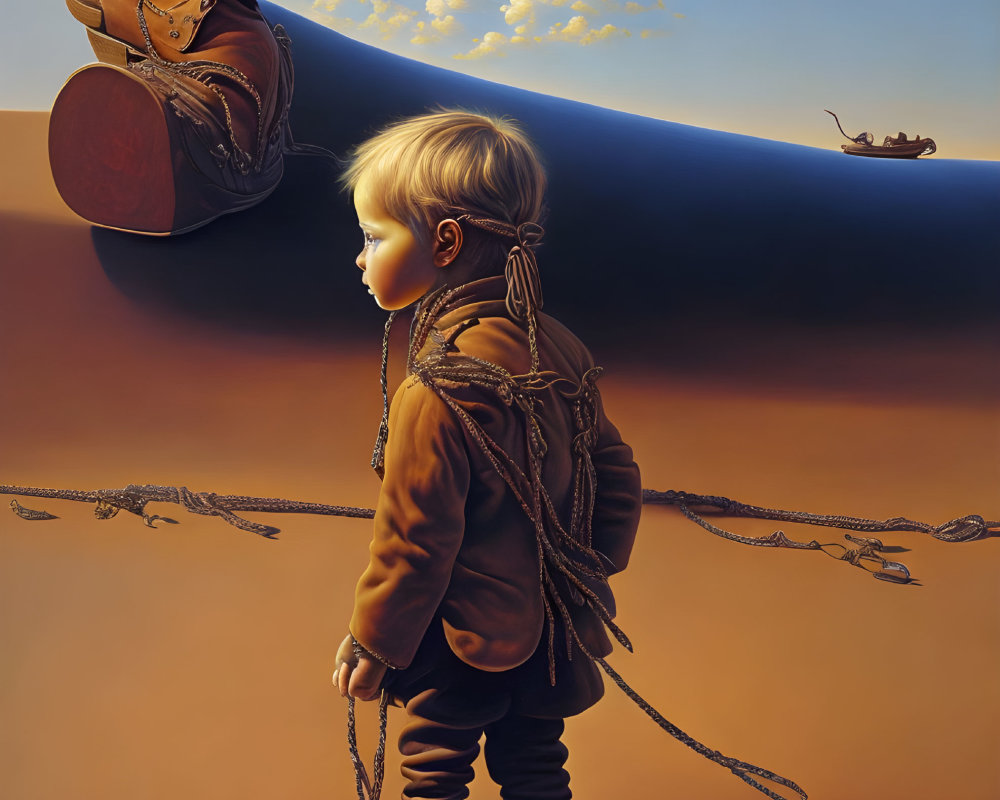 Child in cowboy attire gazes at giant boot in desert with surreal sky boat