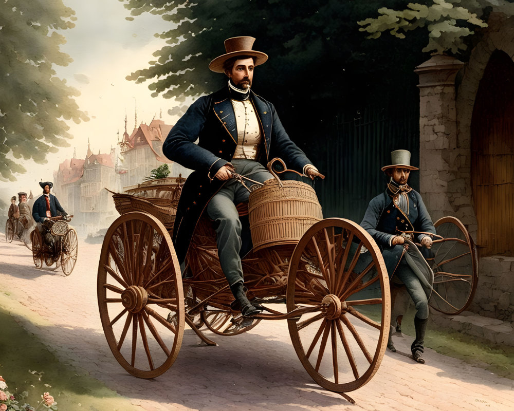 Vintage illustration of gentleman in top hat driving horseless carriage on cobbled street