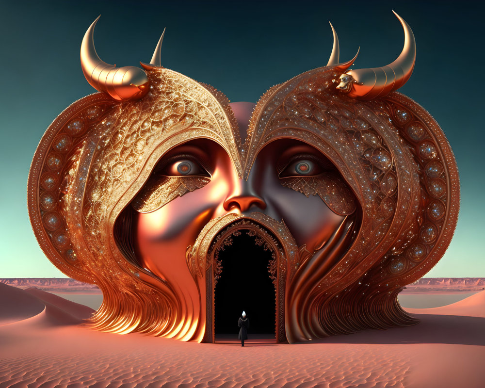 Gigantic ornate masks with horns in surreal illustration