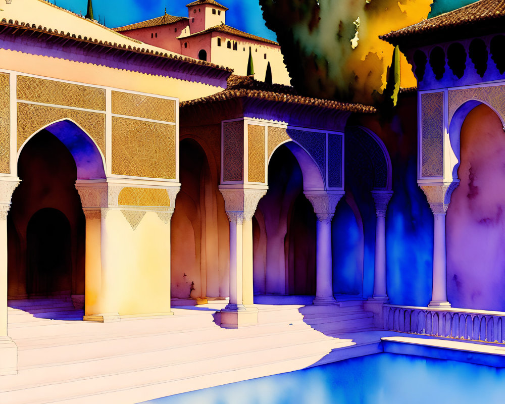 Colorful illustration of Moorish-style courtyard with arches, columns, and pool under surreal sky