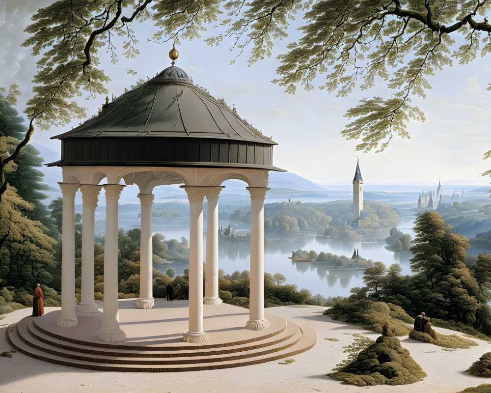 Scenic hilltop gazebo by tranquil lake and lush trees