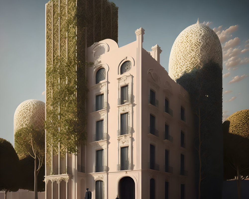 Surreal architectural rendering of classic building with modern sphere structures amidst trees and clear sky