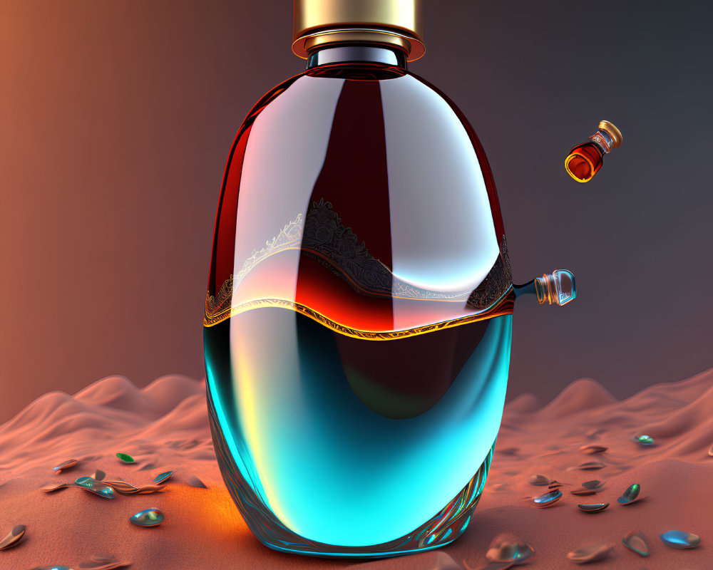 Conceptual perfume bottle: 3D rendering with red to blue gradient, golden details, textured surface