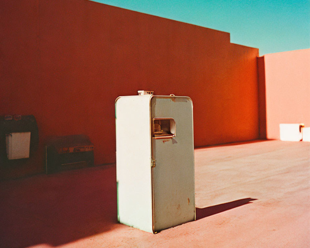 Vintage Refrigerator in Open Area with Pinkish-Red Decor