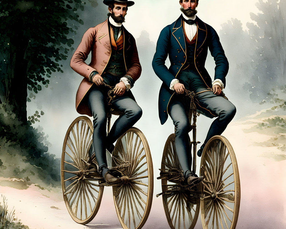 Vintage Attired Men Riding High-Wheel Bicycles Outdoors