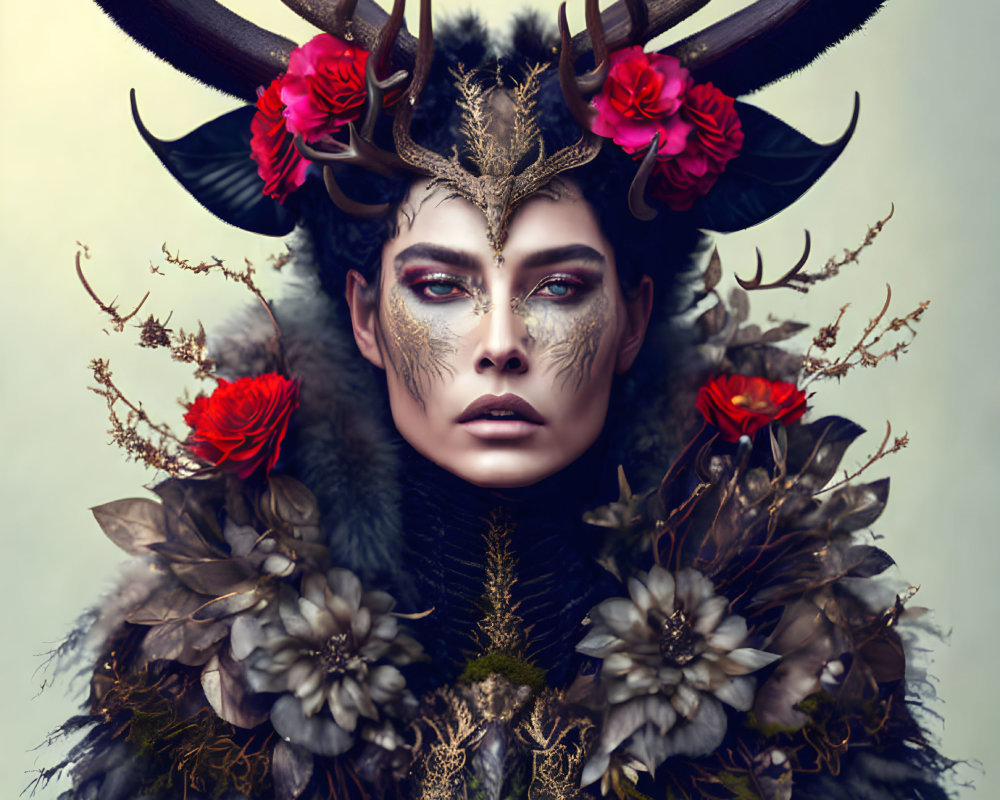 Person adorned with dramatic makeup and antler headdress with red flowers and foliage, embodying fantastical