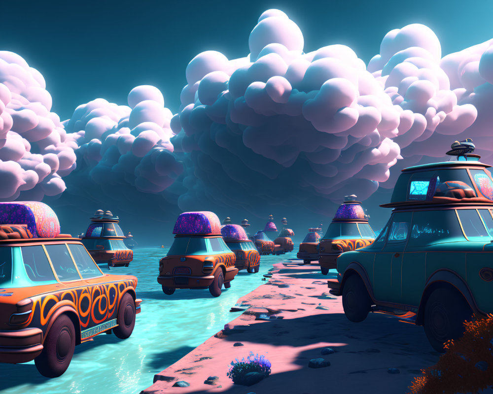 Colorful retro-futuristic caravan of vans crossing alien landscape under pink cloud sky