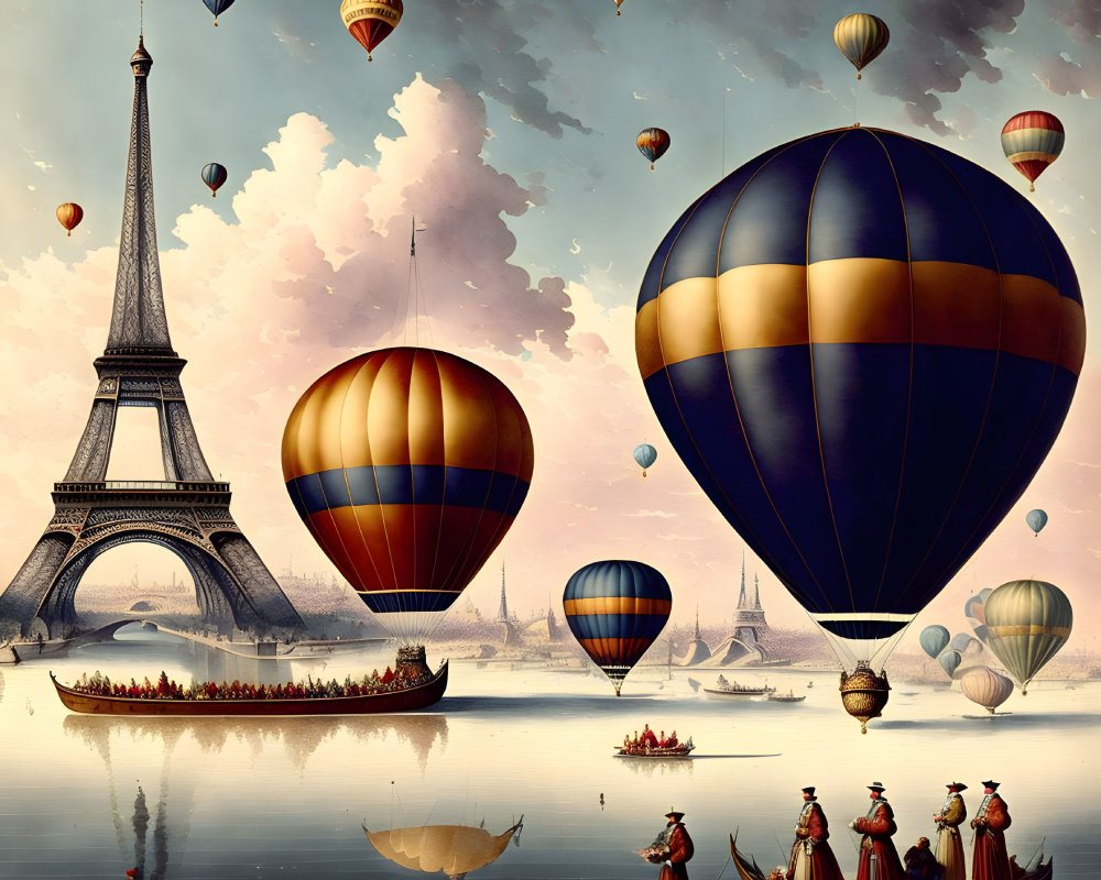 Surreal artwork: Eiffel Tower, hot air balloons, elegant figures on water