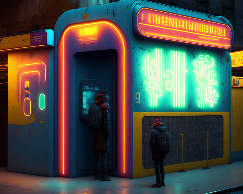 Futuristic ATM with neon signs in urban night scene