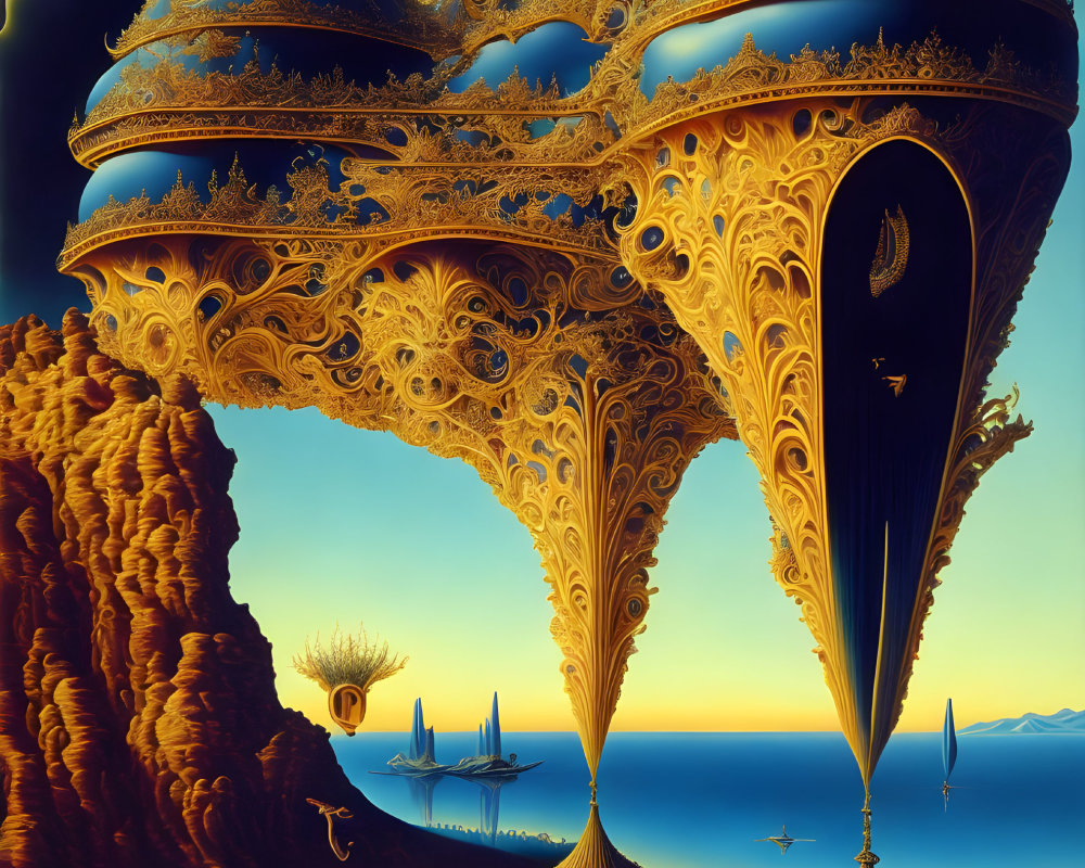 Detailed Golden Fantasy Structure Over Surreal Landscape