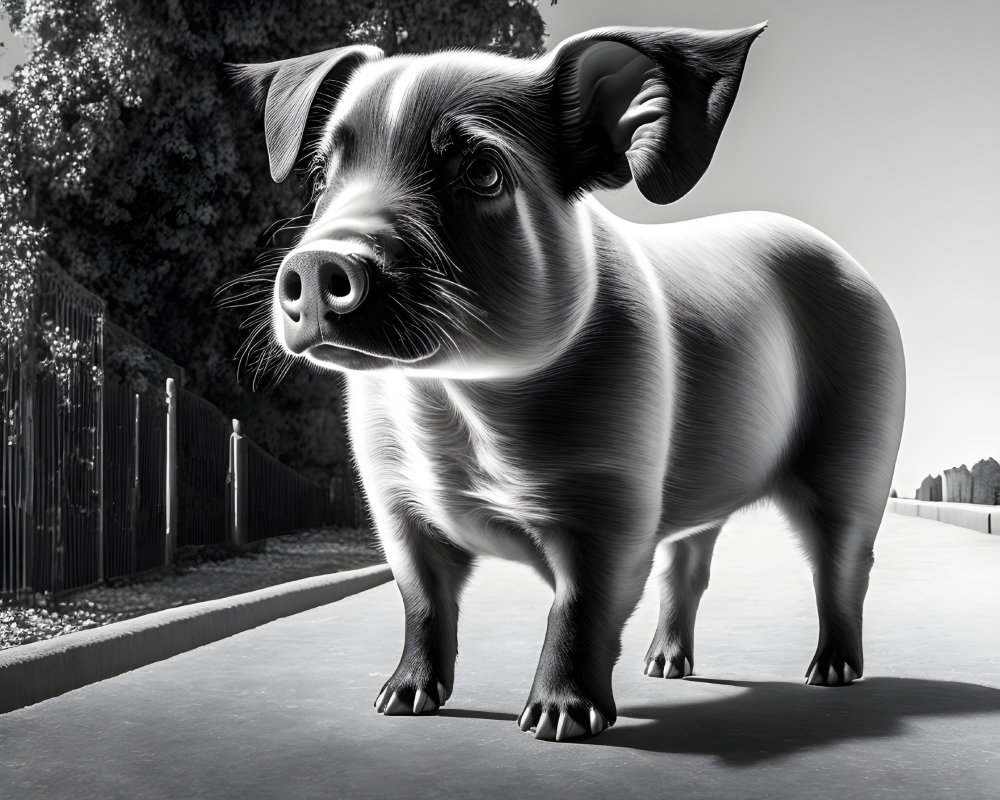 Monochrome image of glossy pig on sidewalk with fence and trees in background