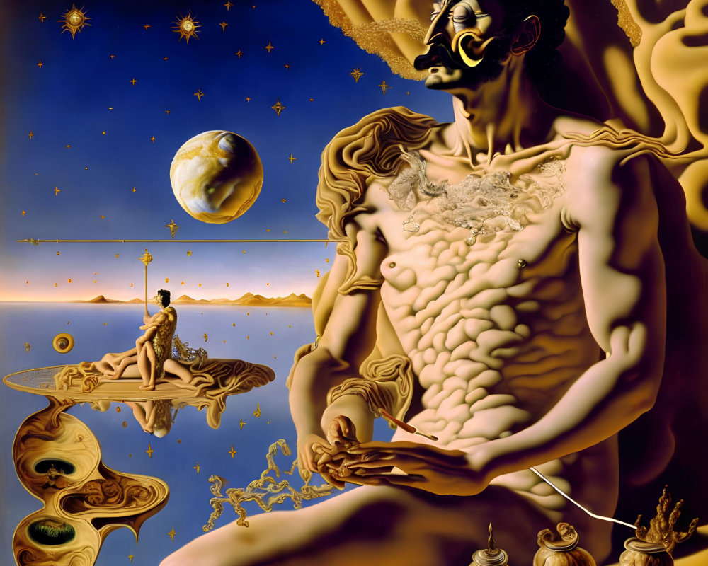 Surreal painting: Muscular figure in fantastical moonlit landscape