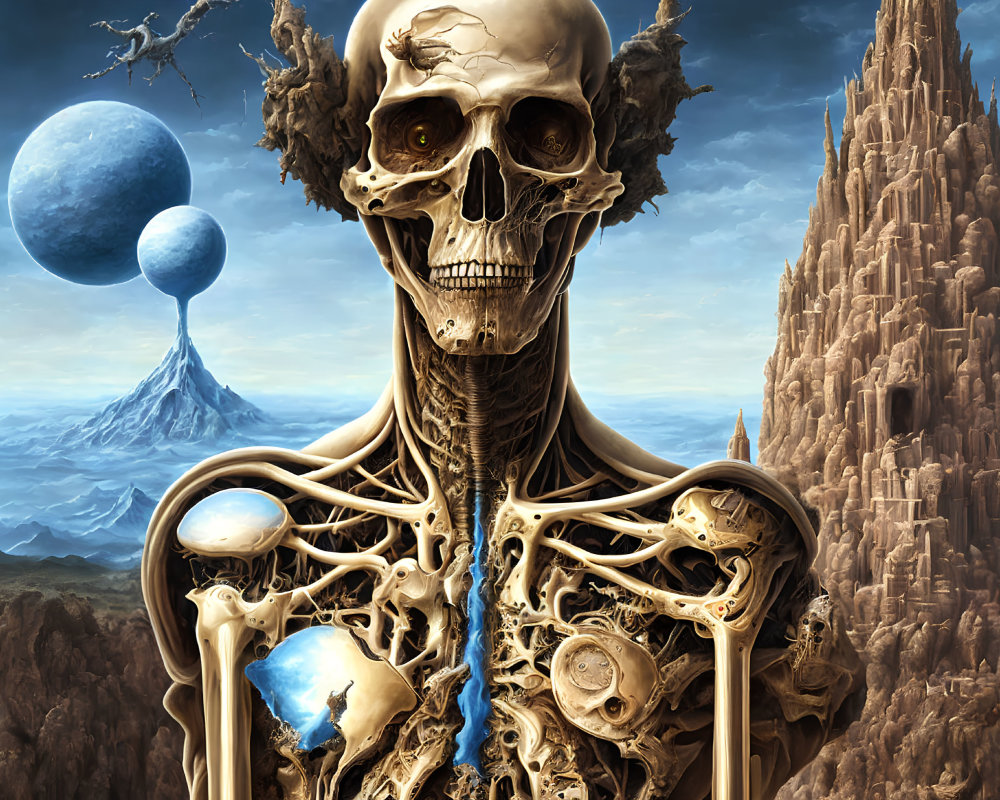 Detailed surreal artwork: skeletal figure in fantasy landscape