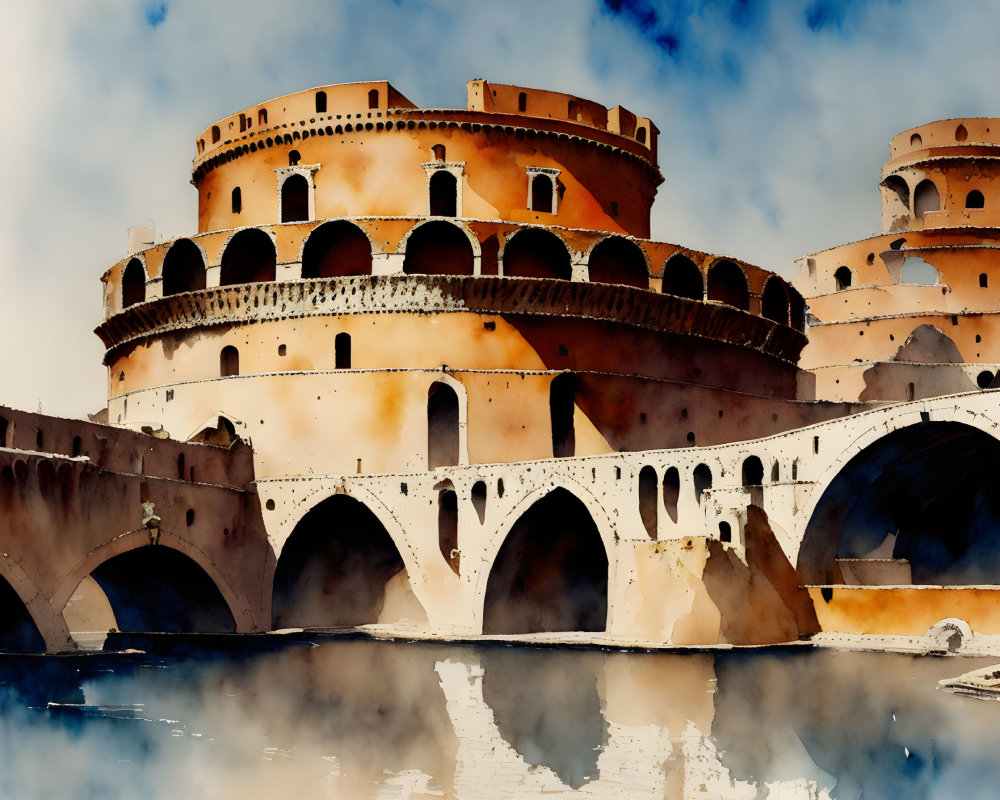 Stylized painting of Castel Sant'Angelo in Rome with dramatic sky and water reflections.