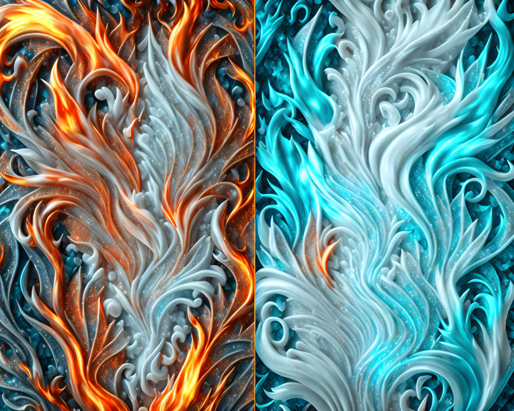 Symmetrical abstract digital art: fiery orange and cool blue swirling patterns