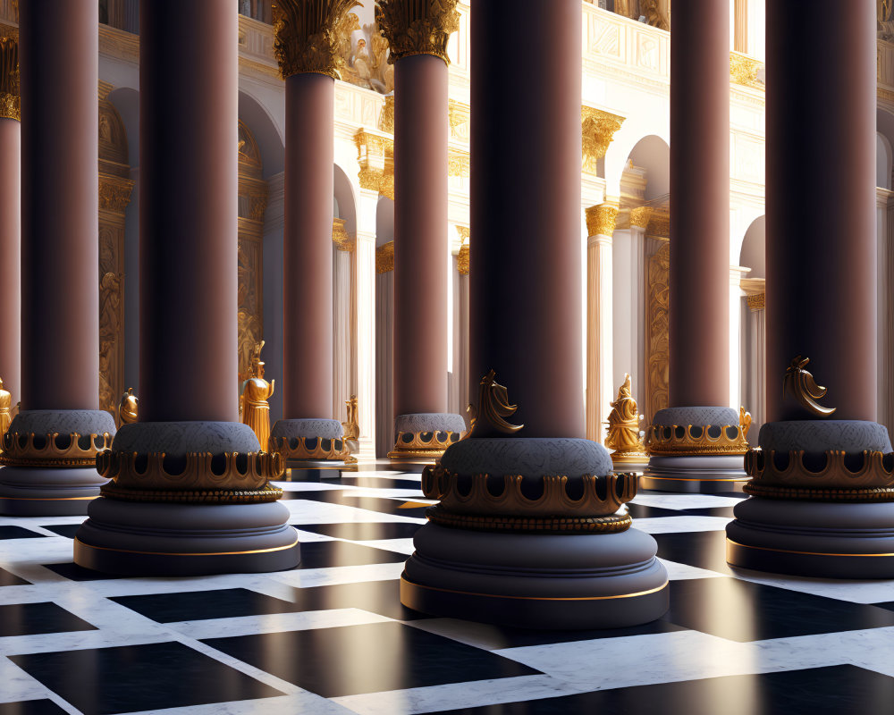 Luxurious Hall with Checkered Floor, Towering Columns, and Ornate Thrones