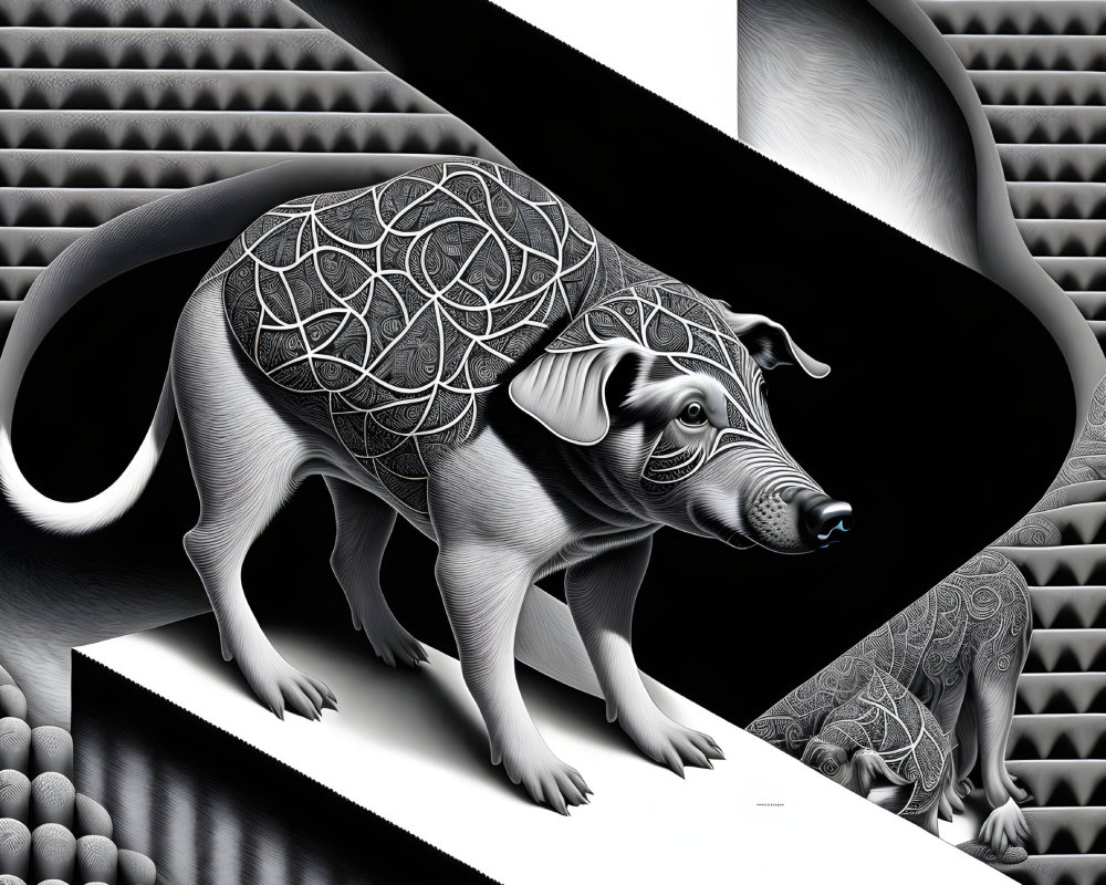 Stylized dogs with intricate patterns on black and white geometric background