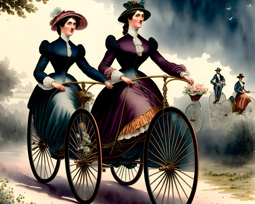 Victorian women on high-wheel bicycles with man in background under cloudy sky