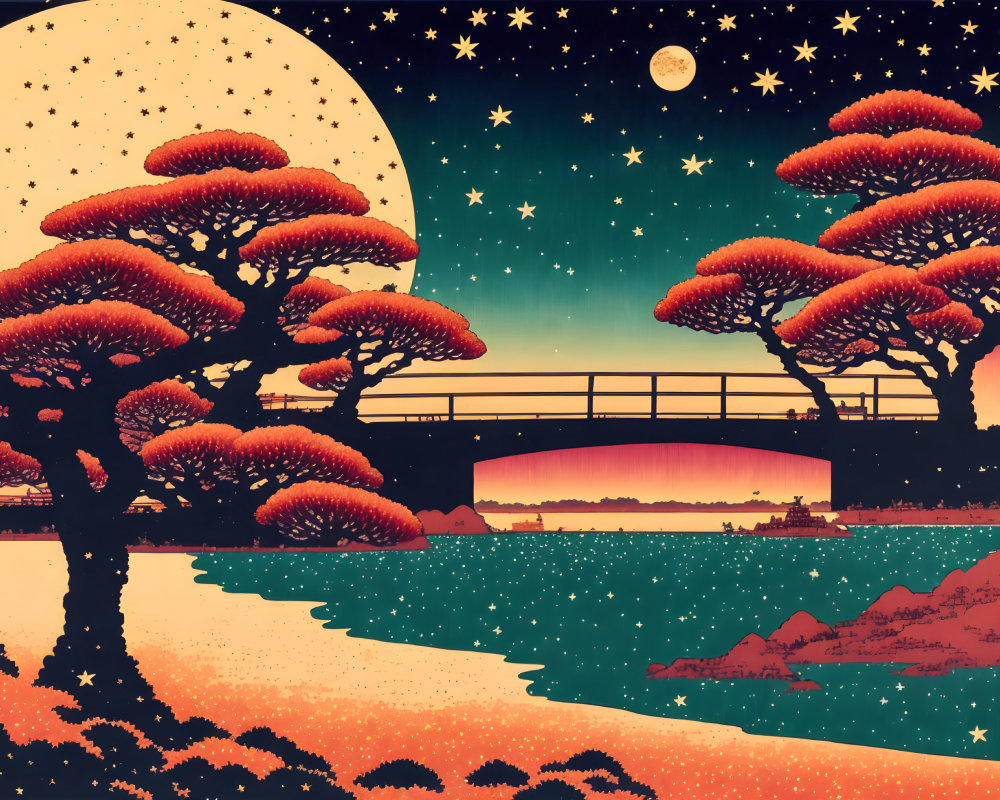 Japanese woodblock print style: Red foliage trees, bridge, starry night sky, large moon.