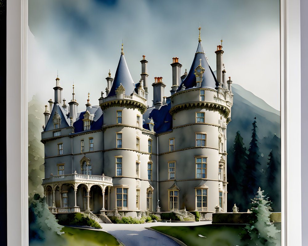 Grand castle with blue-roofed towers in misty mountain setting.