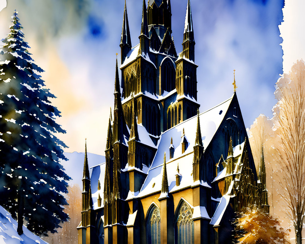 Snow-covered Gothic cathedral in vibrant colors under clear blue sky