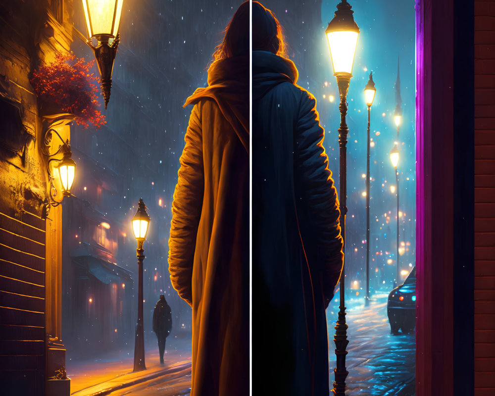 Split scene: Person in coat under yellow streetlights in snowfall, and blue lights with floating sparks