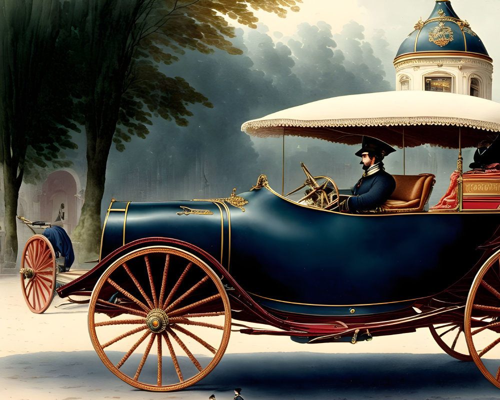 Vintage illustration of ornate blue carriage with large spoke wheels and man in black attire, surrounded by birds