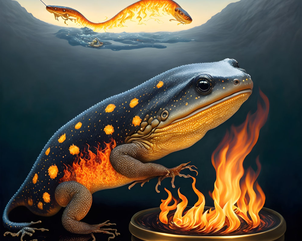 Illustration of fiery salamander on gold pedestal in underwater setting