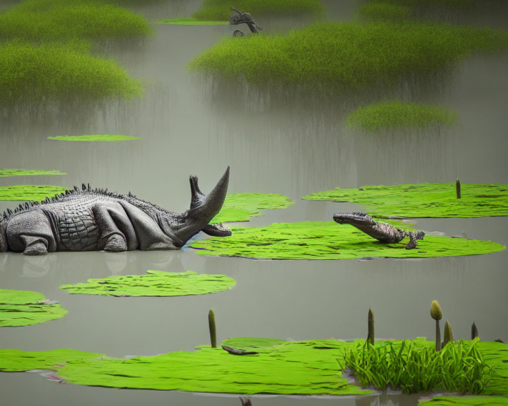 Two crocodiles by riverbank with water lilies and greenery