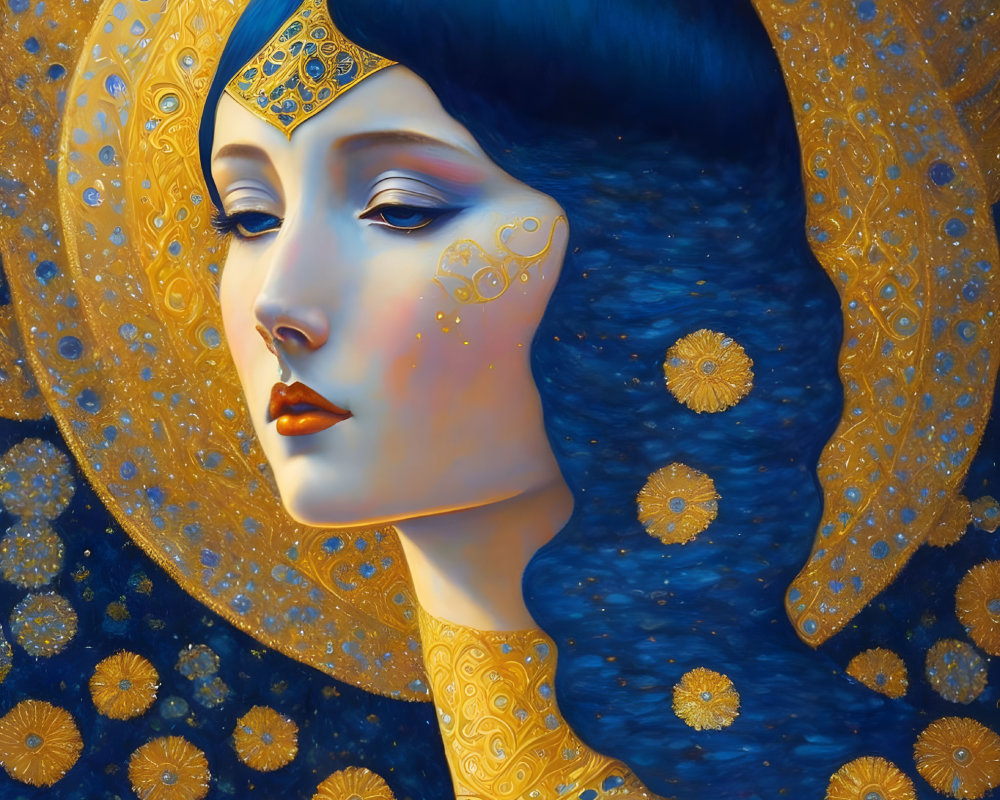 Profile of woman with blue hair and golden halo-like decorations on blue and gold background