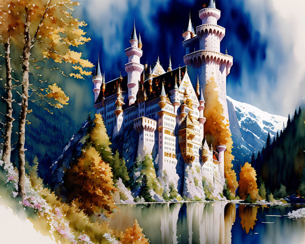 Fairytale castle with spires by tranquil lake amid autumn trees