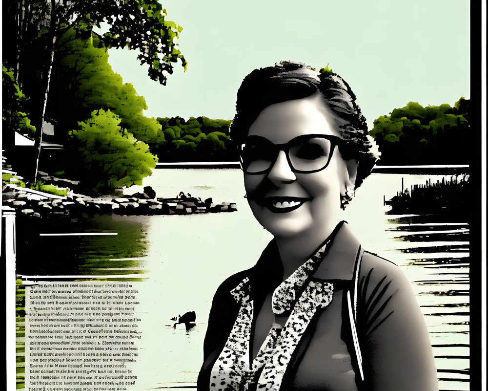 Smiling woman with glasses by serene lake and ducks