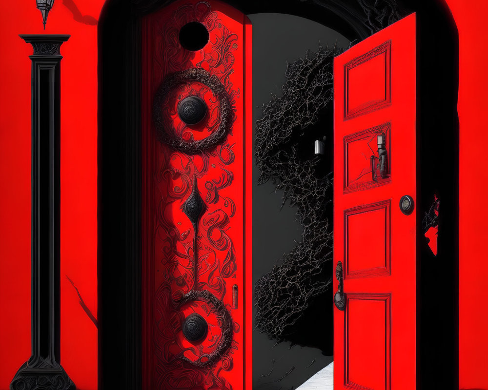 Vibrant red door in dark void with intricate black patterns and classic lamppost on red wall