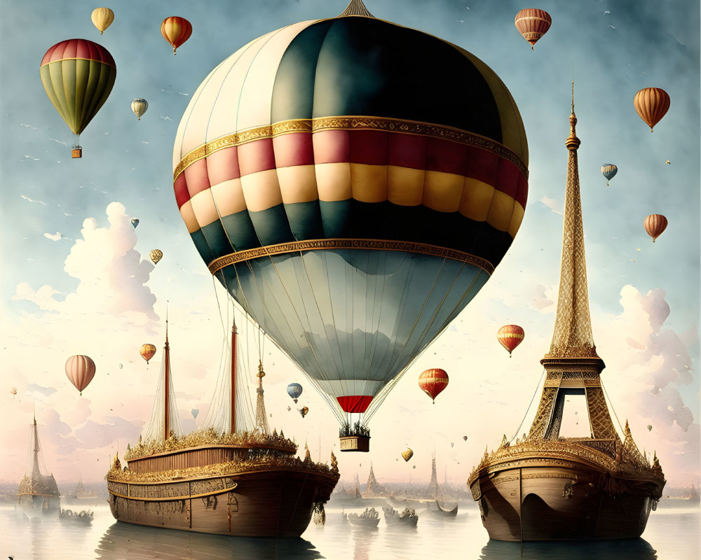 Large hot air balloon over calm sea with smaller balloons and boats, reflecting spires