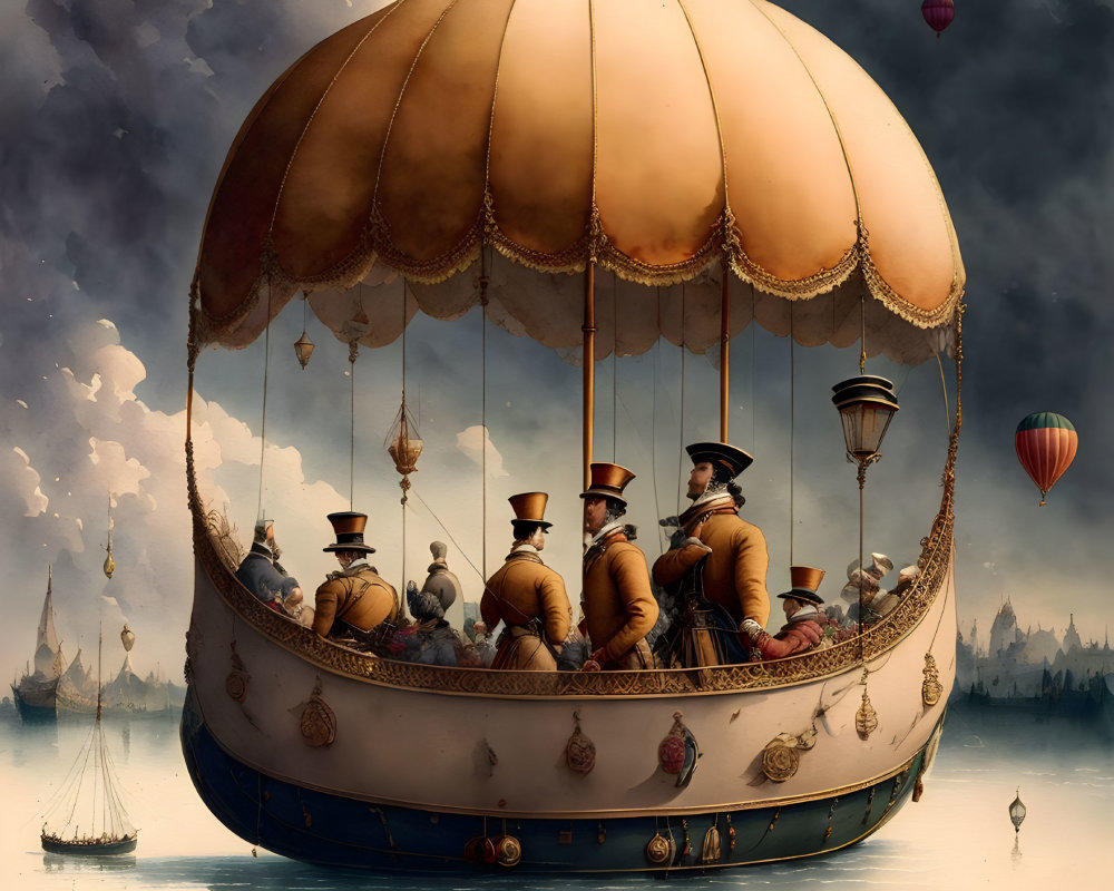 Vintage-dressed people in oversized hot air balloon over tranquil sea