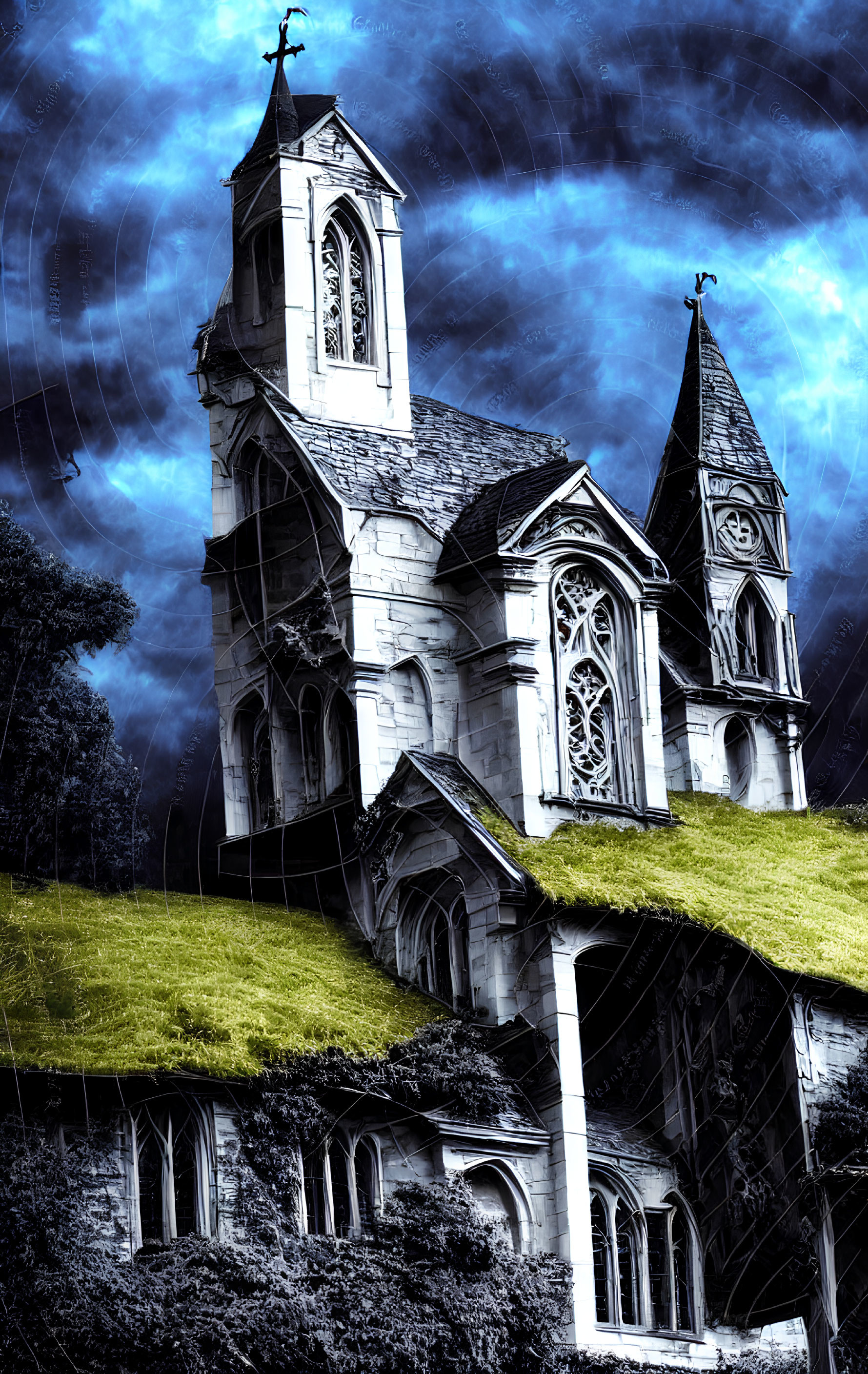 Gothic Church with Twin Spires under Dark Cloudy Sky