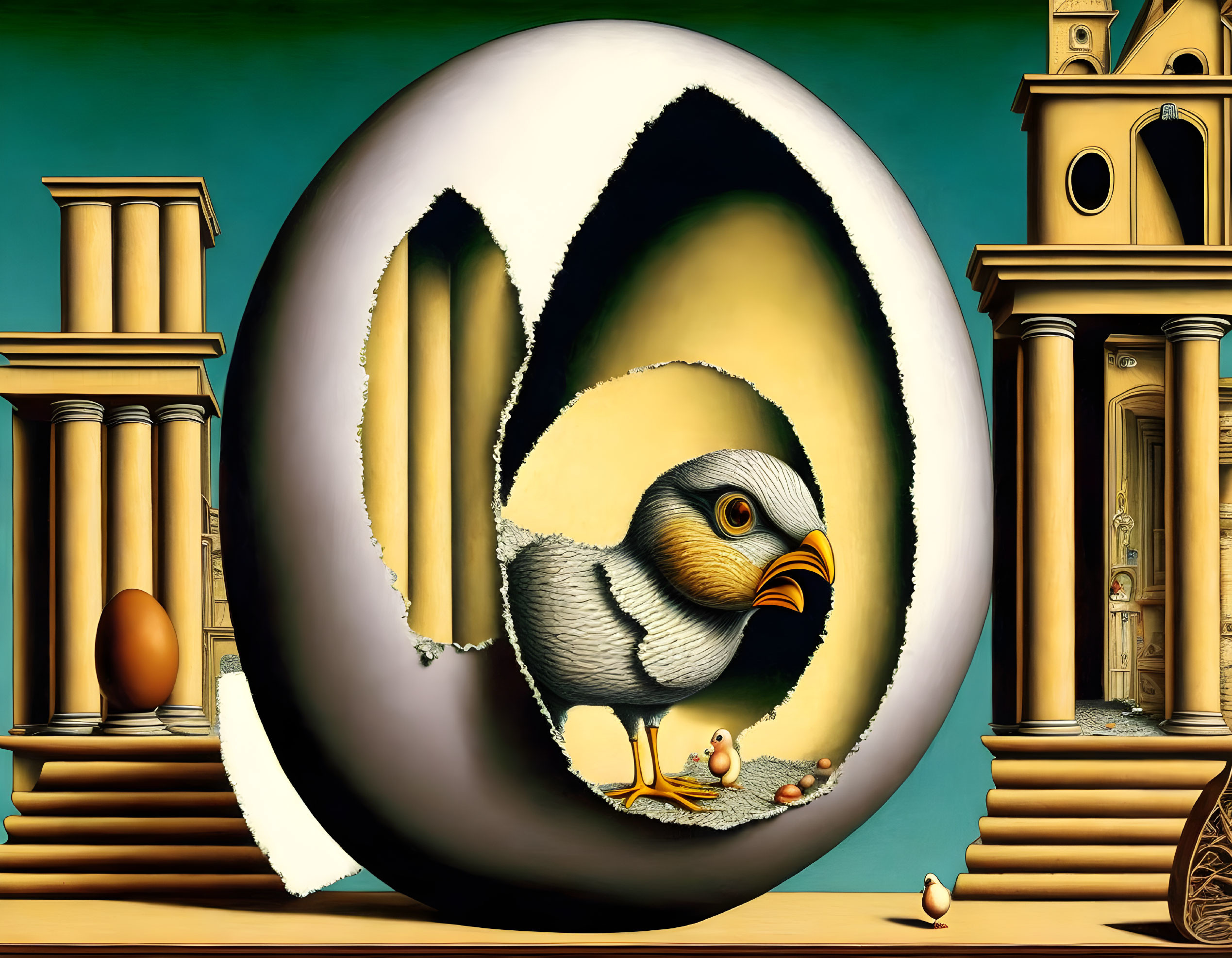 Surreal artwork: chick with sparrow body hatching from egg against classical architecture.