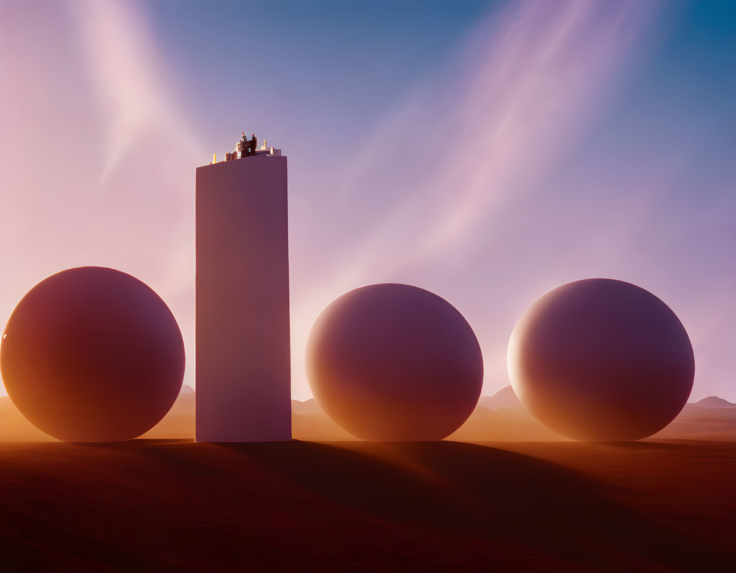 Large Spheres and Tower in Desert Sunset Scene