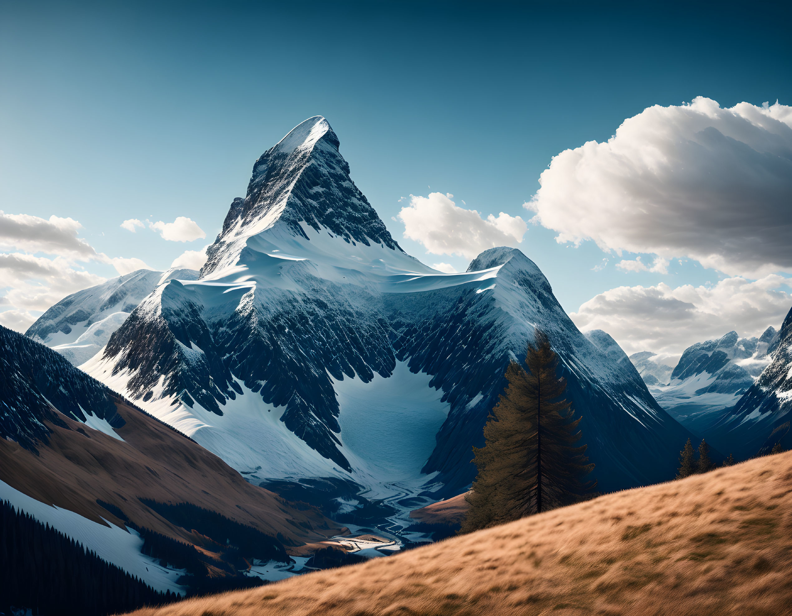 Snow-capped mountain peak under blue sky with clouds and coniferous trees